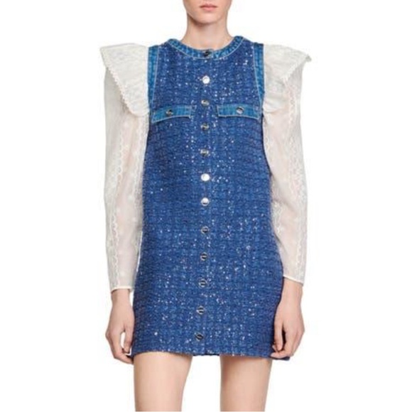 Sandro Navy Blue Tweed Mini Dress with Button Front - Picture 8 of 8